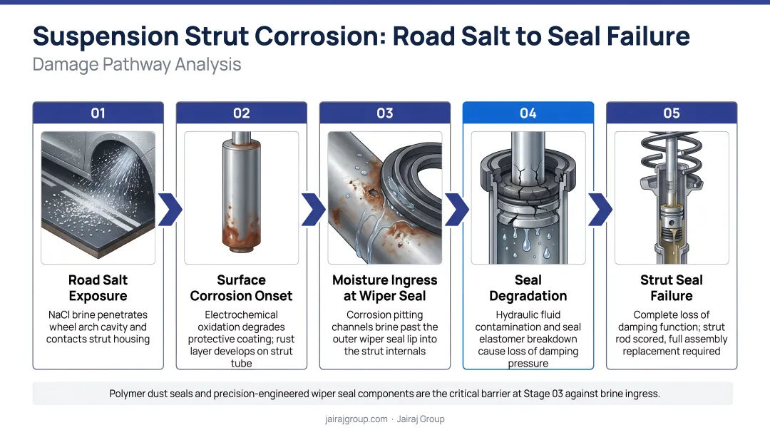 Suspension strut corrosion damage pathway from road salt moisture to seal failure