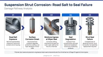 Suspension strut corrosion damage pathway from road salt moisture to seal failure