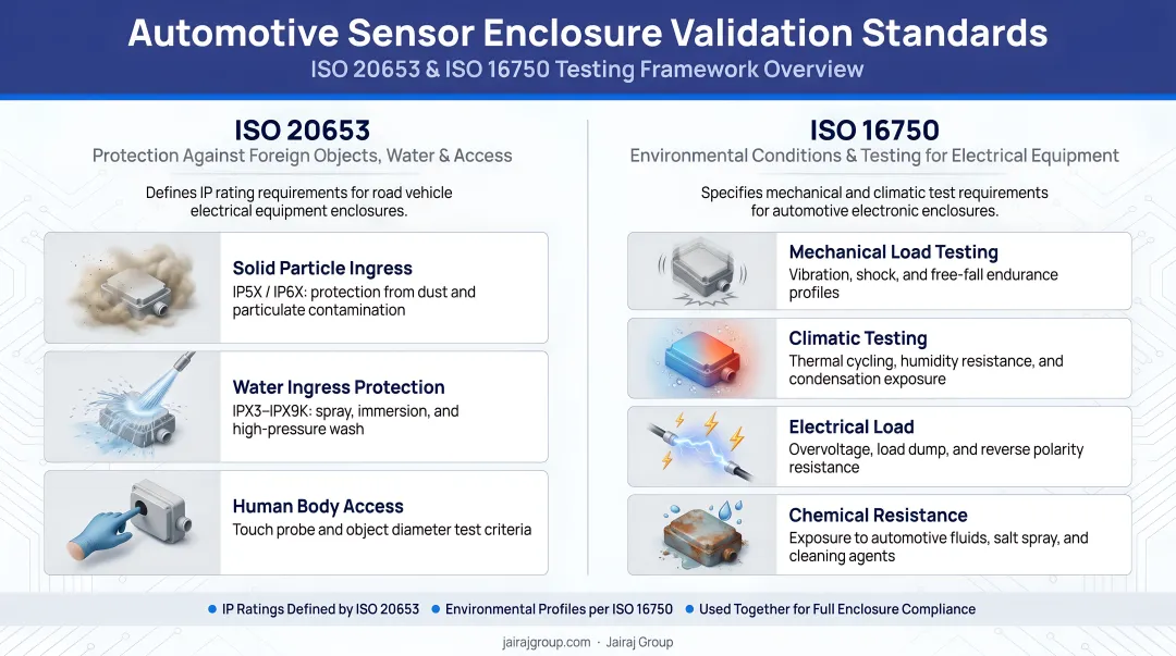 Automotive sensor enclosure validation standards ISO 20653 ISO 16750 testing framework overview