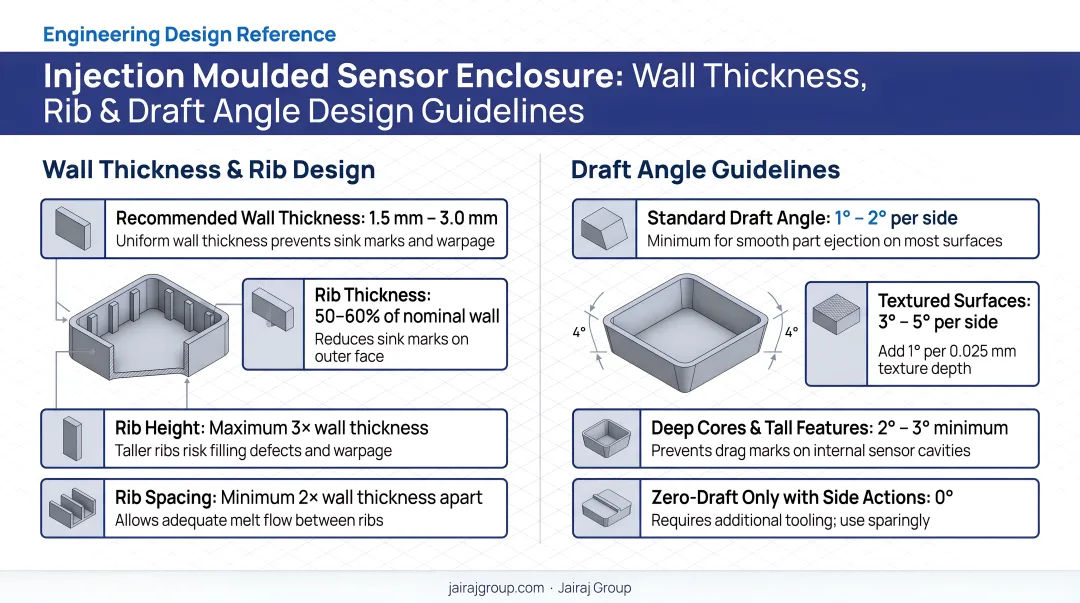 Injection moulded sensor enclosure wall thickness rib and draft angle design guidelines