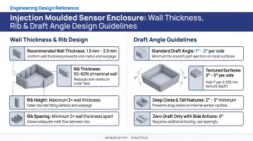 Injection moulded sensor enclosure wall thickness rib and draft angle design guidelines
