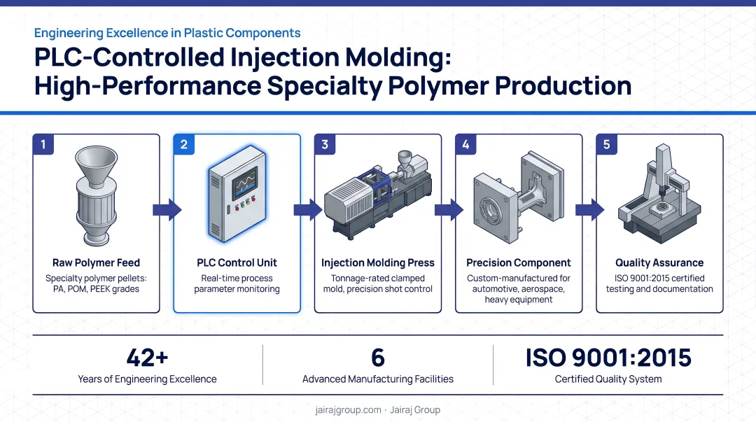 PLC-controlled injection molding production floor processing high-performance specialty polymer components