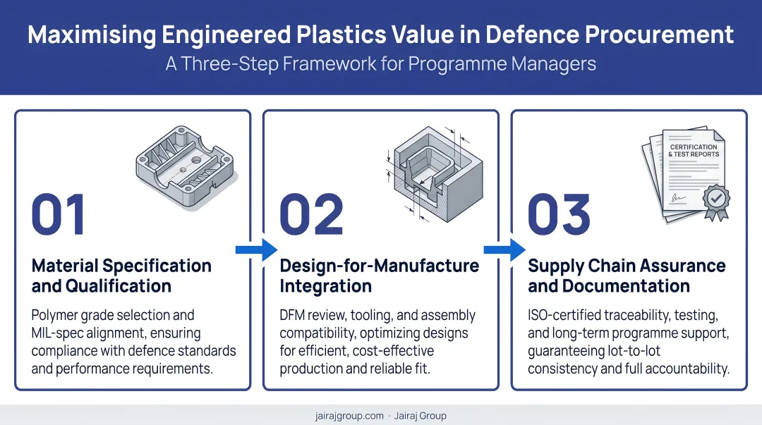 Three-step process for maximising engineered plastics value in defence procurement programmes