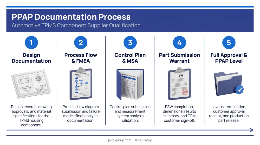 5-step PPAP documentation process for automotive TPMS component supplier qualification