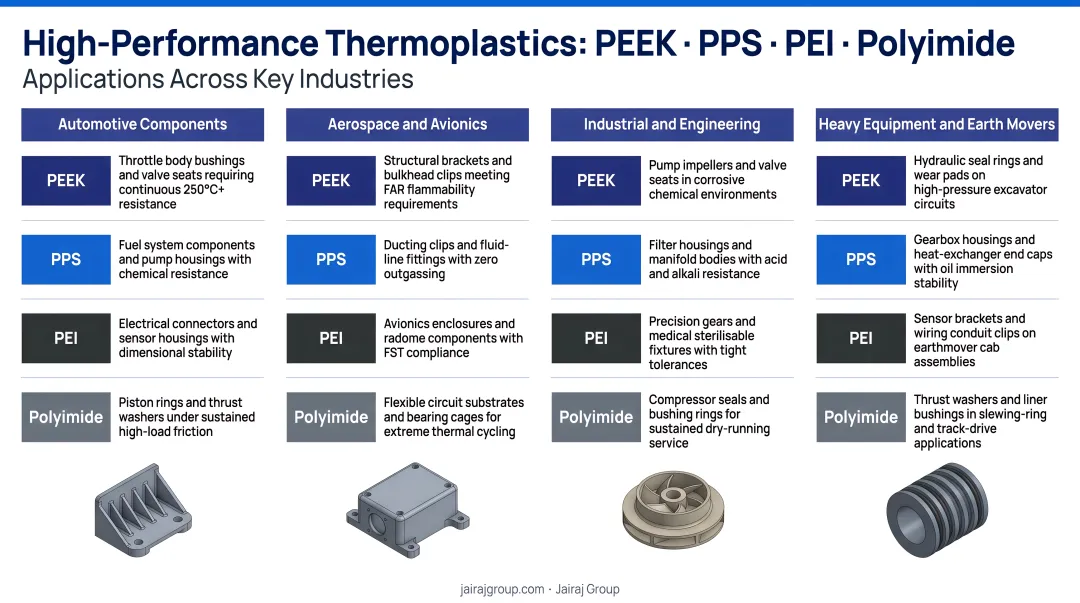PEEK PPS PEI polyimide high-performance thermoplastics applications across four industries