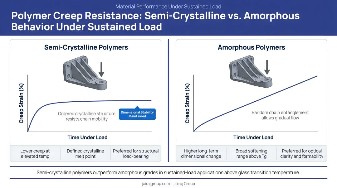 Polymer creep resistance comparison showing semi-crystalline versus amorphous behavior under sustained load