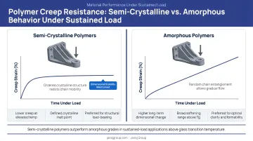 Polymer creep resistance comparison showing semi-crystalline versus amorphous behavior under sustained load