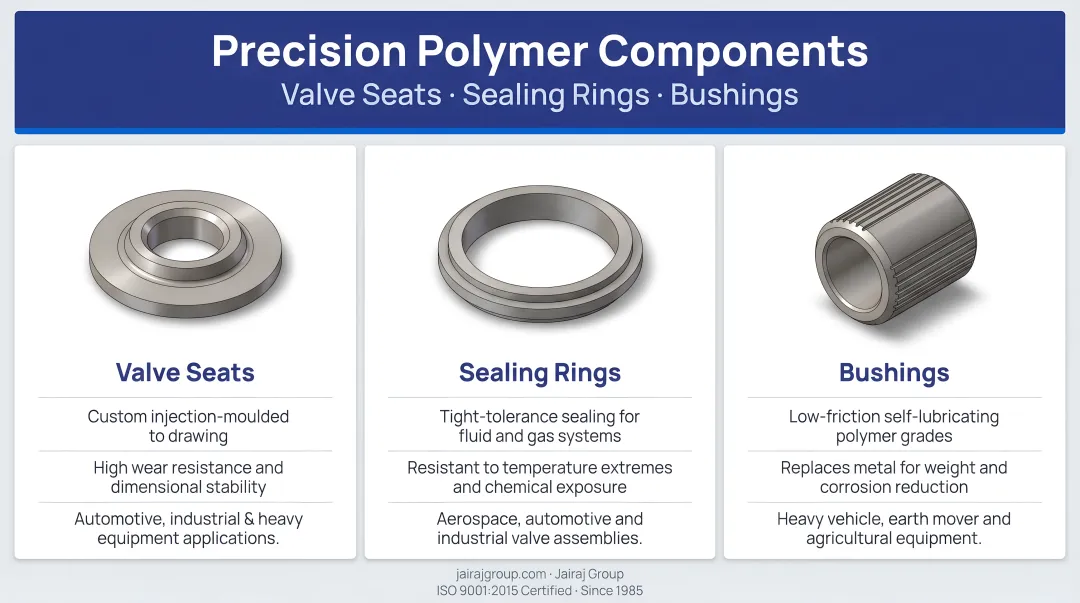 Jairaj Group precision polymer components including valve seats sealing rings and bushings