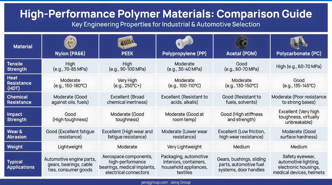 Five high-performance polymer materials comparison chart with key properties