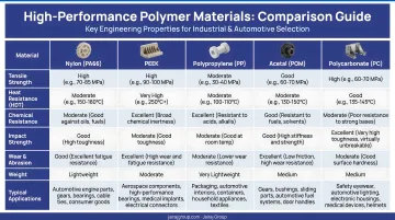 Five high-performance polymer materials comparison chart with key properties
