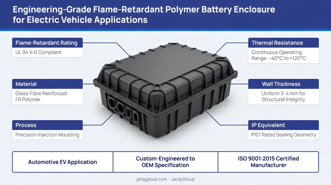 Engineering-grade flame-retardant polymer battery enclosure for electric vehicle applications