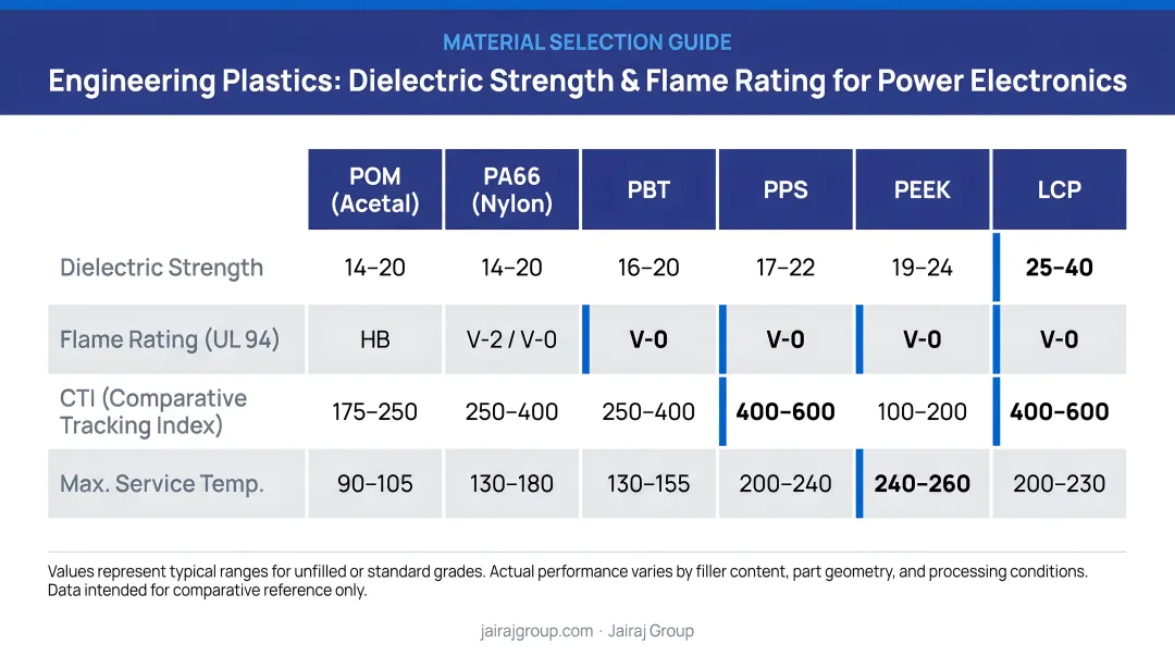 Engineering plastic dielectric strength and flame rating comparison chart for power electronics