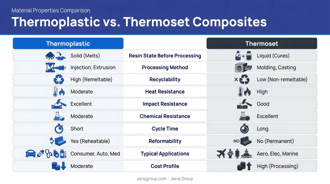 Thermoplastic versus thermoset composite properties side-by-side comparison infographic