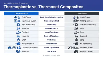 Thermoplastic versus thermoset composite properties side-by-side comparison infographic