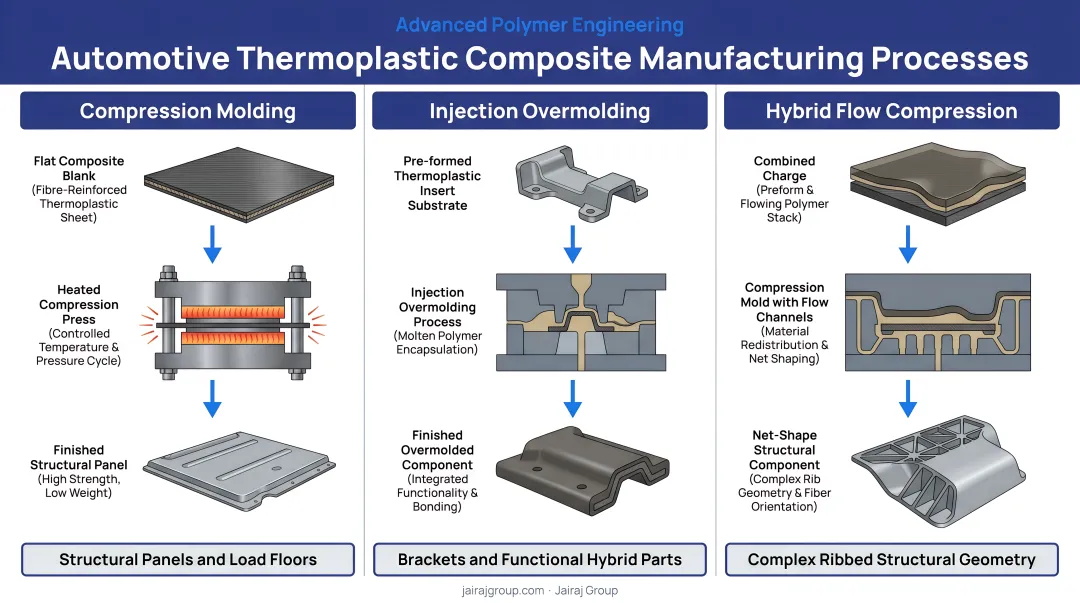 Three automotive thermoplastic composite manufacturing processes compression injection hybrid overmolding flow