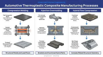 Three automotive thermoplastic composite manufacturing processes compression injection hybrid overmolding flow