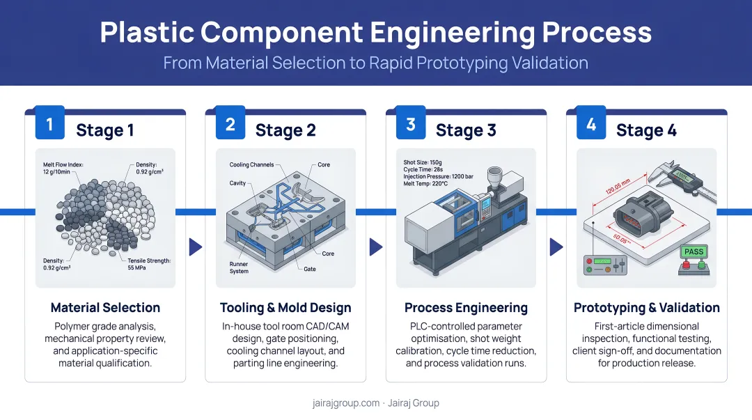 Four-stage plastic component engineering process from material selection to rapid prototyping validation