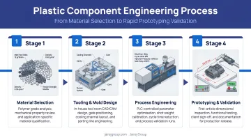 Four-stage plastic component engineering process from material selection to rapid prototyping validation