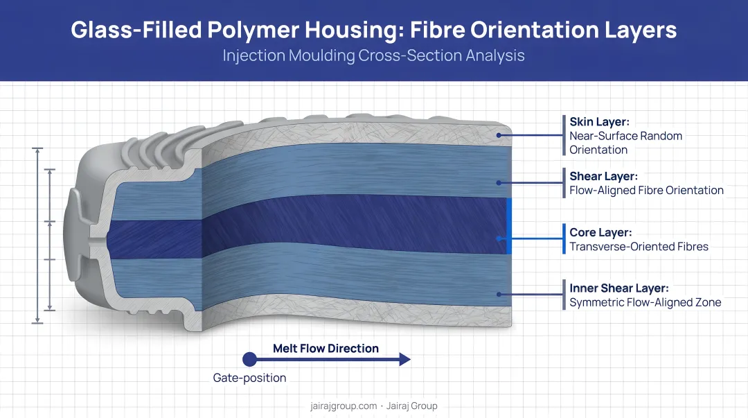Injection moulded glass-filled polymer housing cross-section showing fibre orientation layers