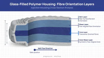 Injection moulded glass-filled polymer housing cross-section showing fibre orientation layers