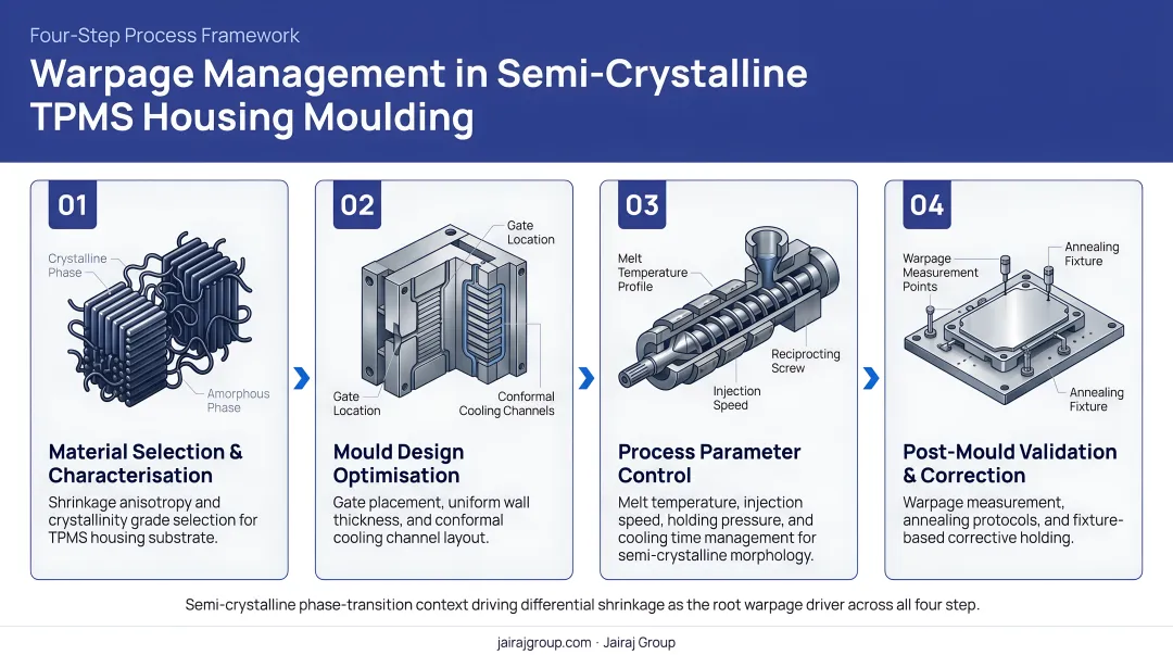 Four-step warpage management process for semi-crystalline TPMS housing moulding infographic