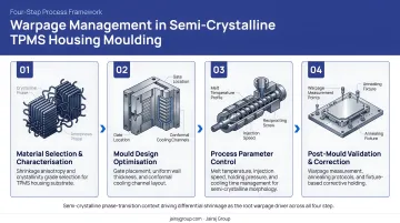 Four-step warpage management process for semi-crystalline TPMS housing moulding infographic