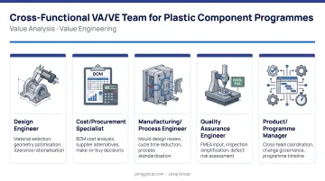 Cross-functional VA/VE team composition five roles for plastic component programmes