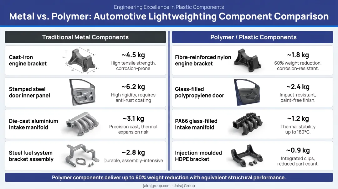 Automotive plastic lightweighting component comparison showing metal versus polymer structural parts