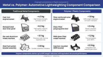Automotive plastic lightweighting component comparison showing metal versus polymer structural parts