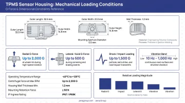 TPMS sensor housing mechanical loading conditions G-force and dimensional constraints infographic
