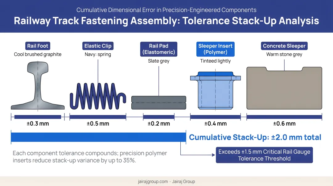 Railway track fastening assembly tolerance stack-up showing cumulative dimensional error