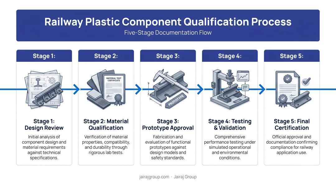 Railway plastic component qualification process five-stage documentation flow infographic