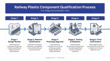 Railway plastic component qualification process five-stage documentation flow infographic