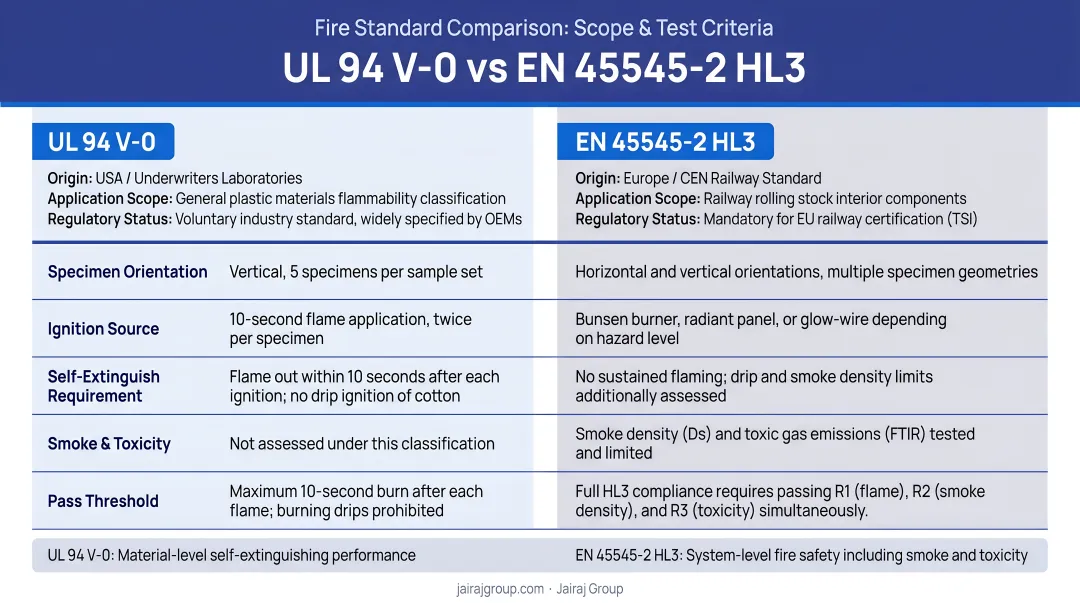 UL 94 V-0 versus EN 45545-2 HL3 fire standard comparison scope and test criteria differences