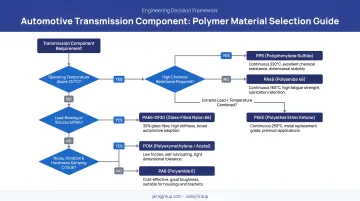 Automotive transmission component polymer material selection decision flow infographic