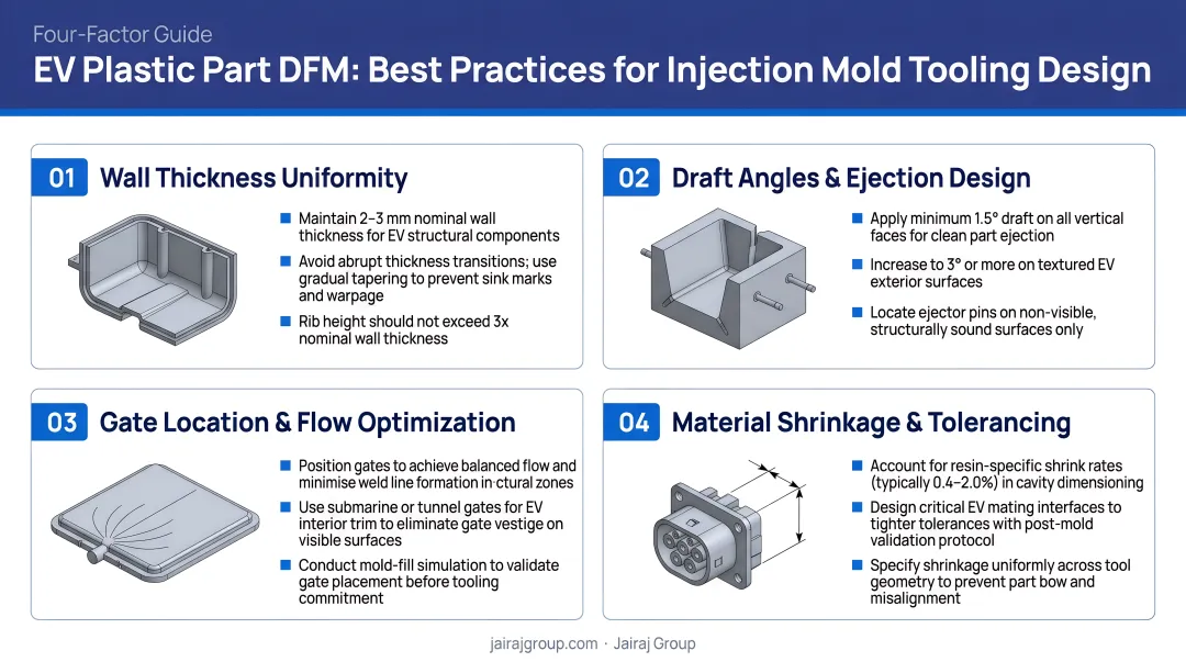 EV plastic part DFM best practices four-factor guide for injection mold tooling design