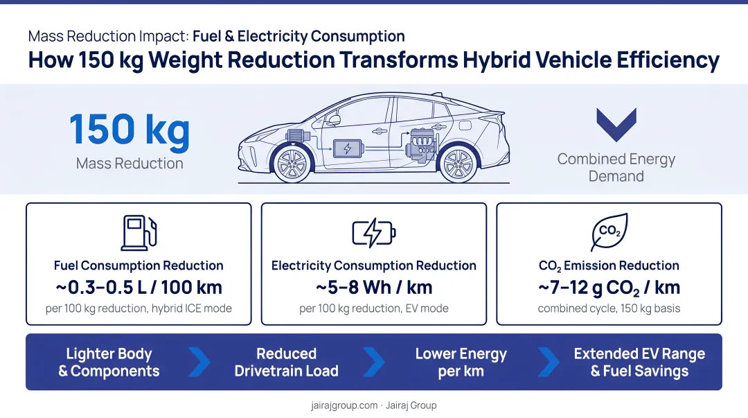 150kg hybrid vehicle mass reduction impact on fuel and electricity consumption