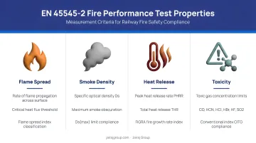 Four EN 45545-2 fire performance test properties flame smoke heat toxicity measurement criteria