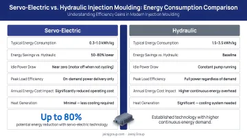 Servo-electric versus hydraulic injection moulding machine energy consumption comparison infographic