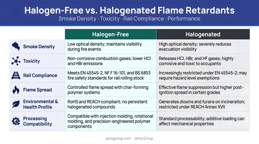 Halogen-free versus halogenated flame retardant comparison smoke density toxicity rail compliance performance