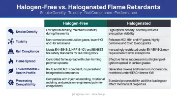 Halogen-free versus halogenated flame retardant comparison smoke density toxicity rail compliance performance