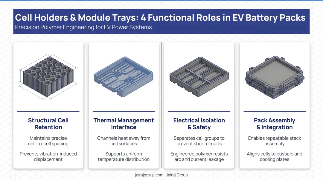 Four functional roles of cell holders and module trays in EV battery packs