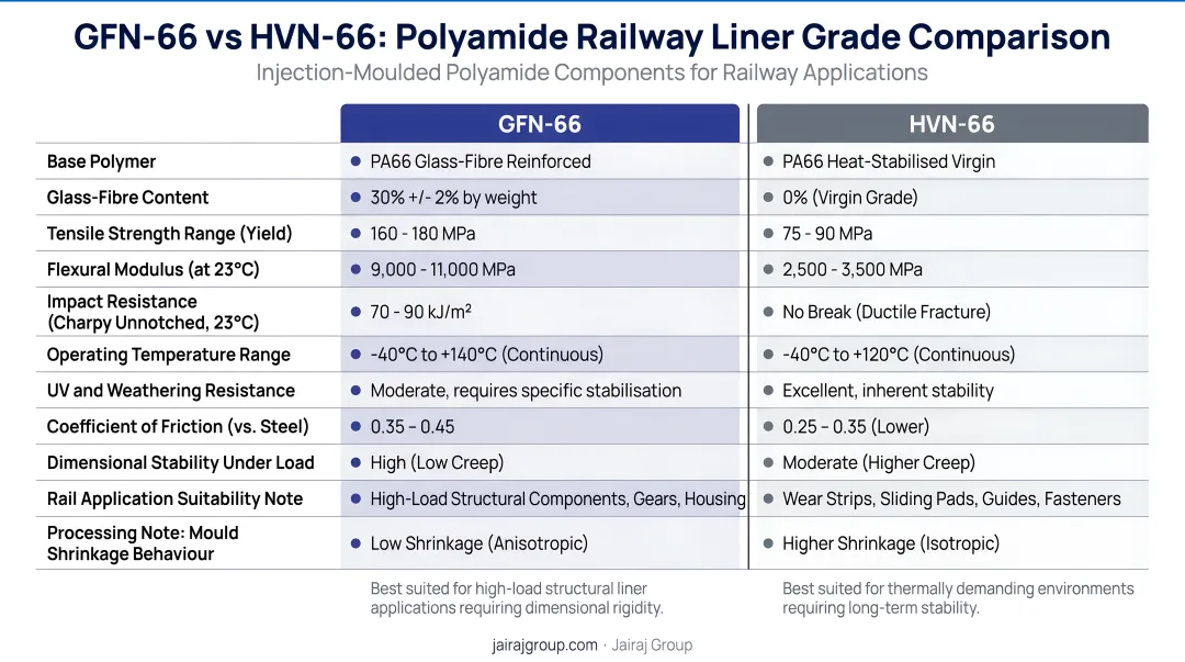 GFN-66 versus HVN-66 polyamide railway liner grade comparison infographic