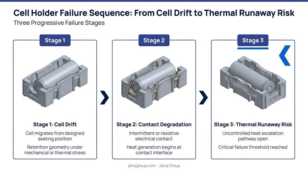 Three-stage cell holder failure sequence from cell drift to thermal runaway risk