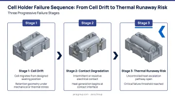 Three-stage cell holder failure sequence from cell drift to thermal runaway risk