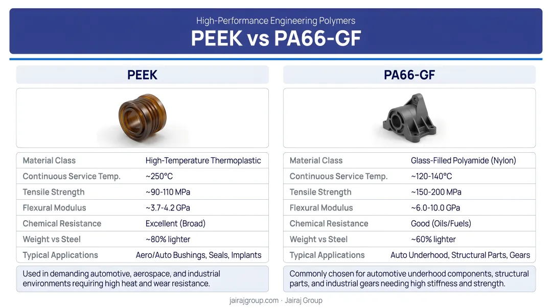 High-performance engineering polymers PEEK and PA66-GF industrial component samples