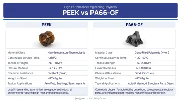 High-performance engineering polymers PEEK and PA66-GF industrial component samples
