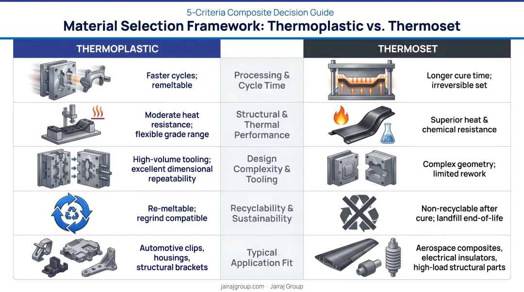 5-criteria composite material selection decision framework thermoplastic versus thermoset