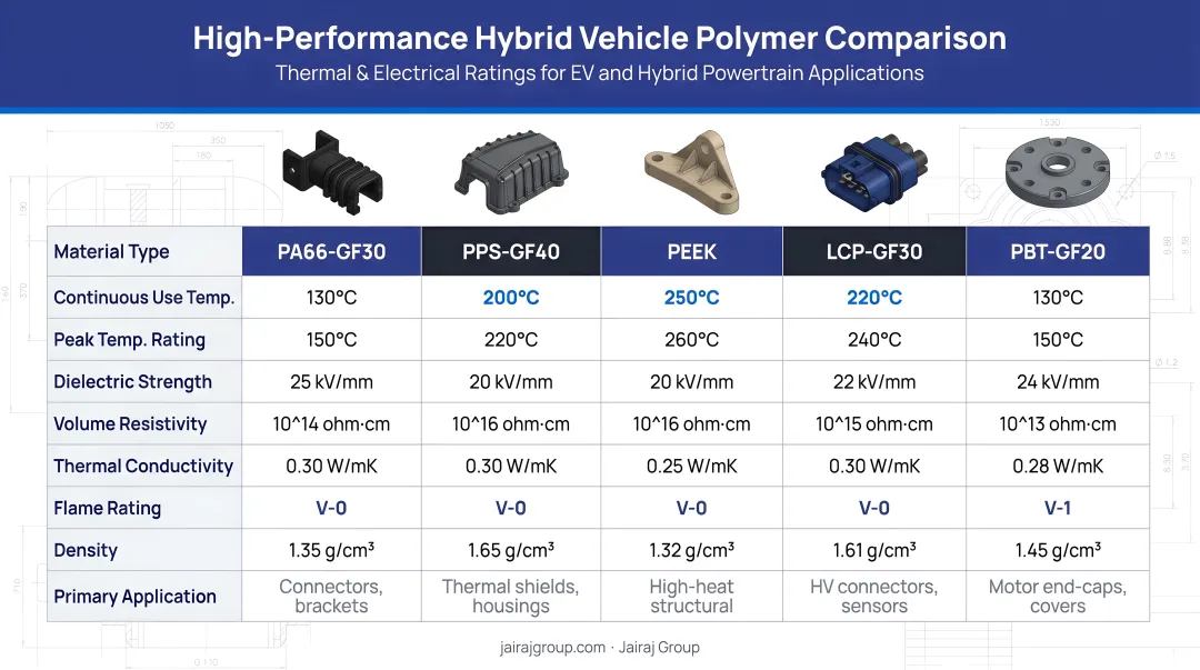 High-performance hybrid vehicle polymer comparison chart with thermal and electrical ratings