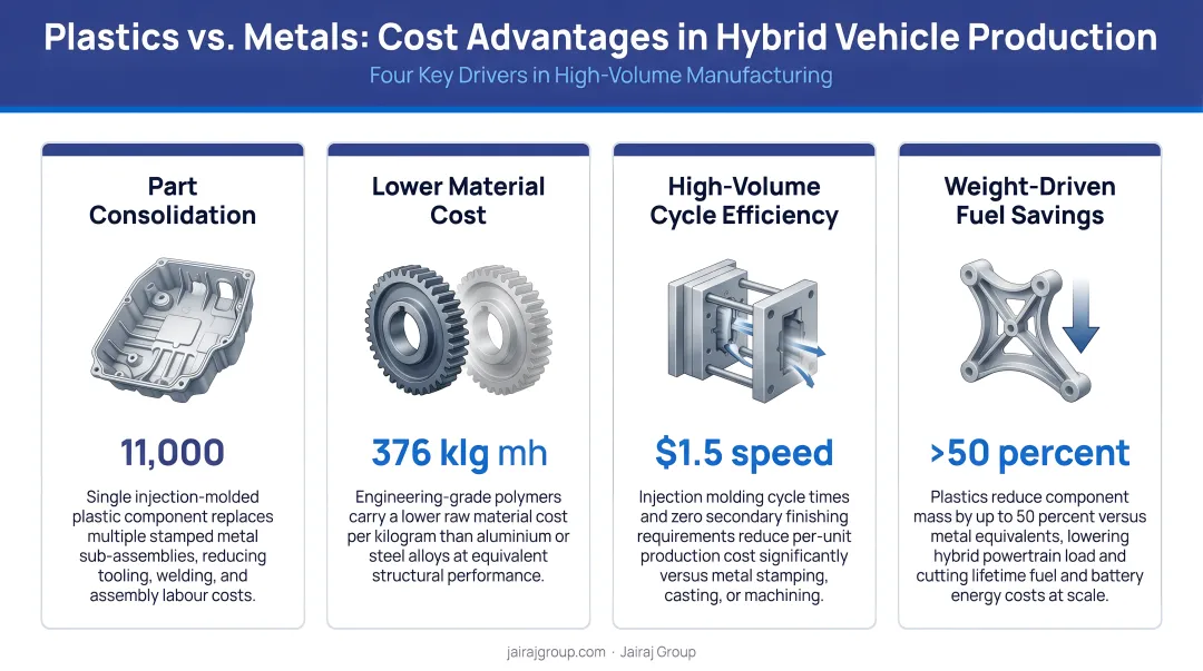 Four cost advantages of plastics over metals in hybrid vehicle high-volume production